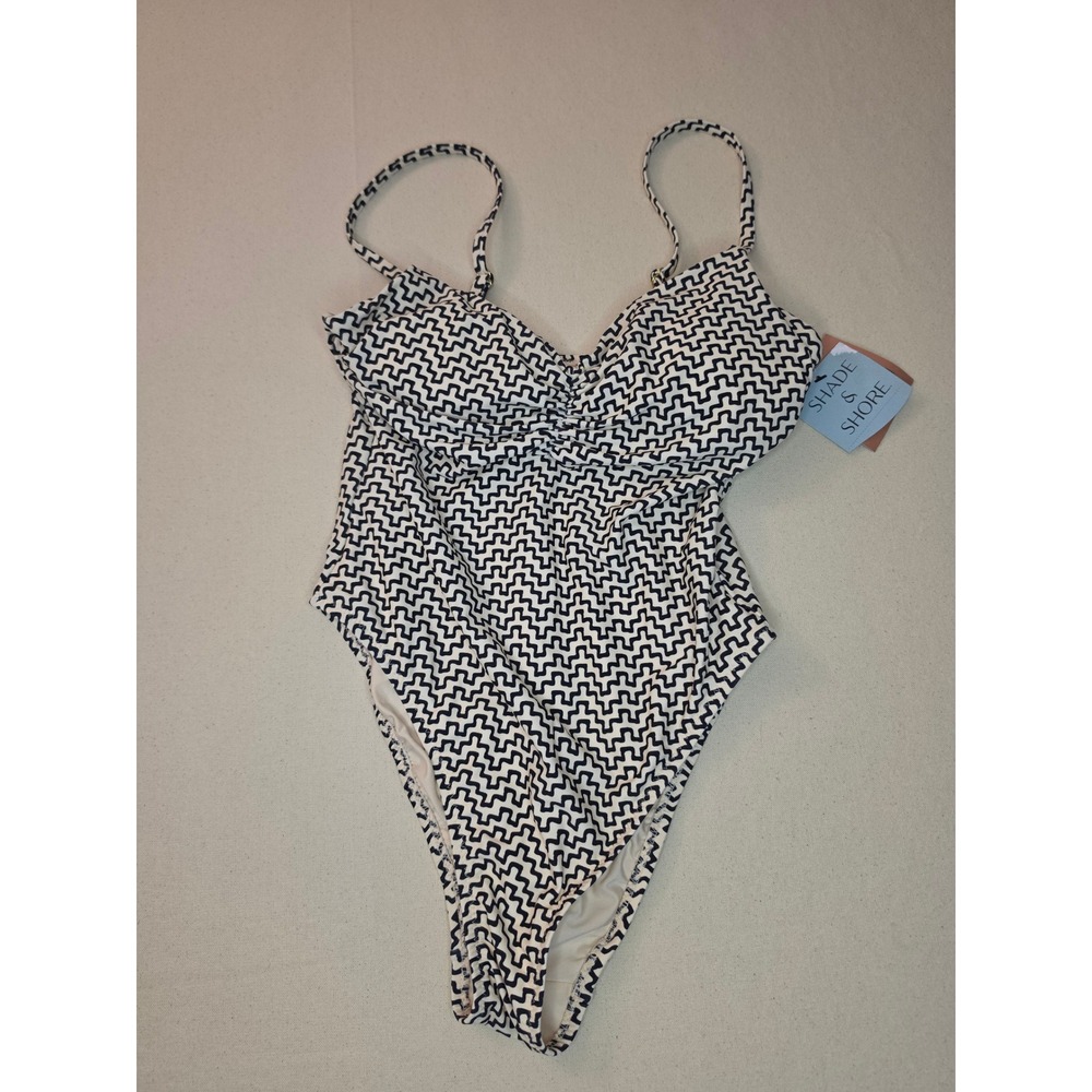 Shade & Shore Geo Print V-Neck One Piece Swimsuit Black/White Small NWT